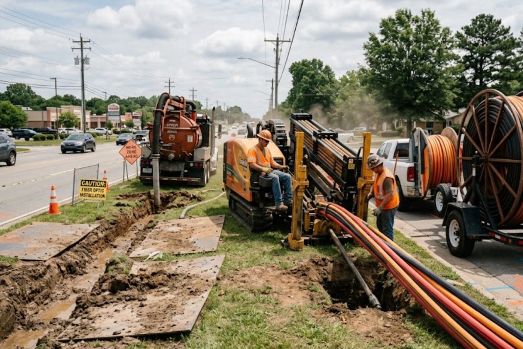 Horizontal directional drilling crew installing underground fiber optic conduit along Texas commercial corridor