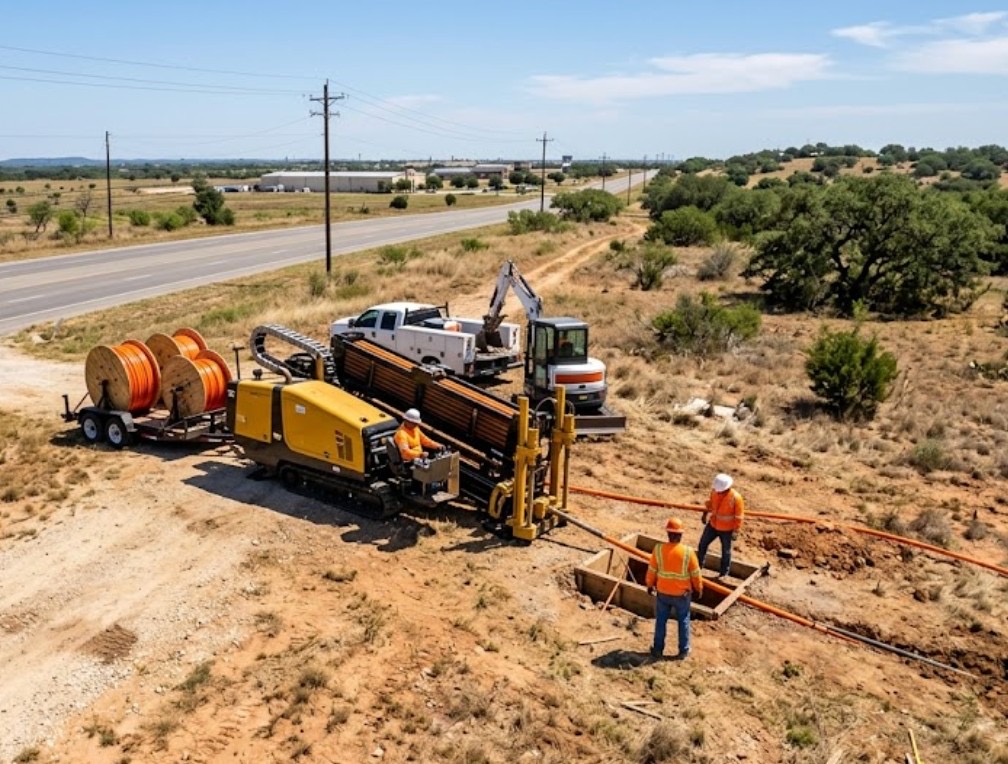 directional drilling crew installing orange HDPE conduit along a Texas roadside with support trucks
