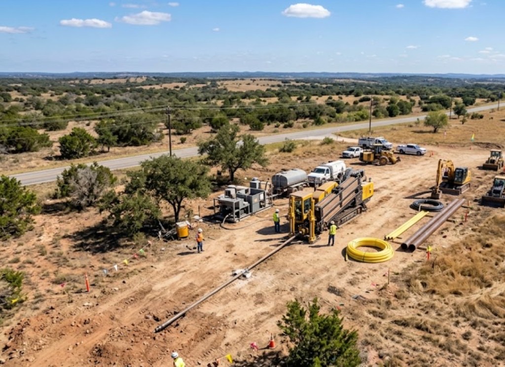 large-scale directional drilling operation with excavators, HDPE pipe, and full crew on Texas job site