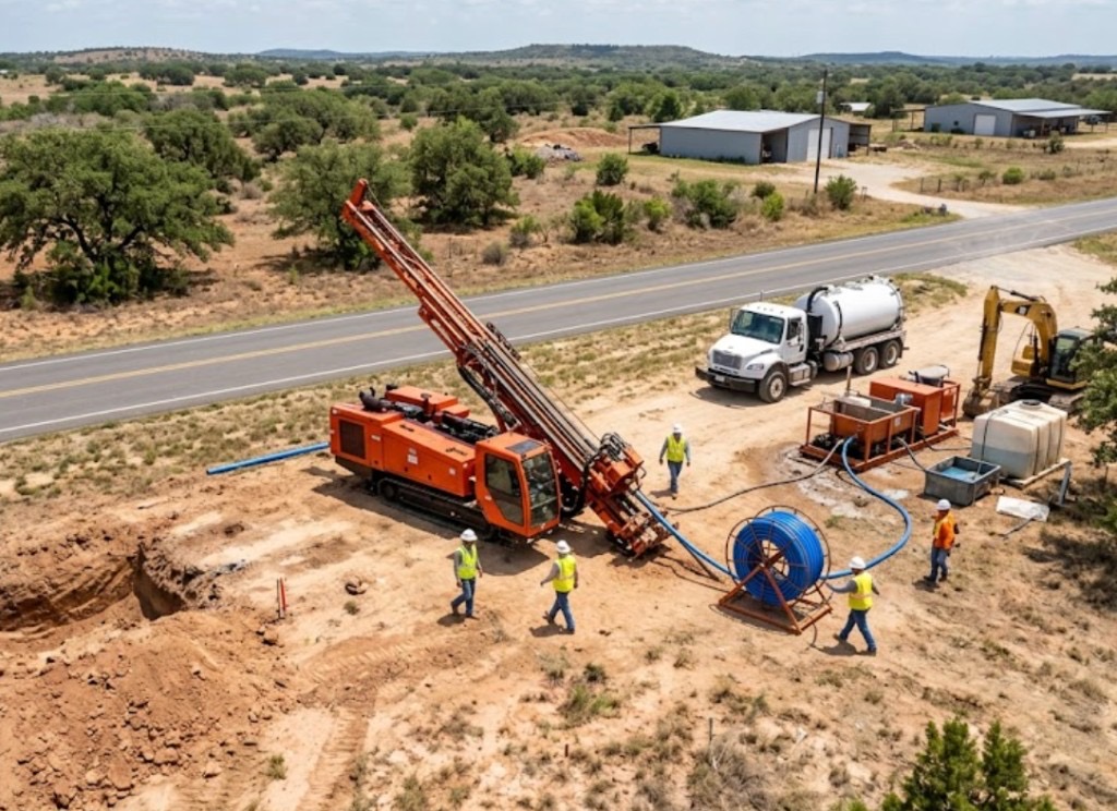 orange directional drilling rig with conduit spool and crew on rural Texas bore site