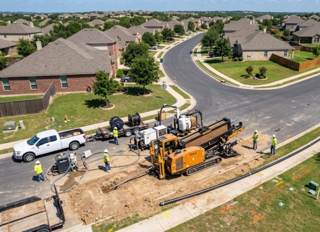 Vermeer directional drill rig installing utilities in a Texas residential neighborhood with minimal surface disruption