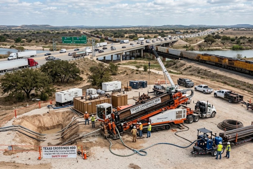 Texas long span HDD crossing specialists boring under highway bridge and railroad with aerial view of rig and crew