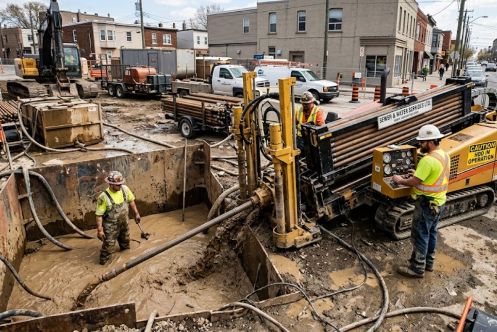 HDD rig performing trenchless sewer and water line installation in urban Texas neighborhood
